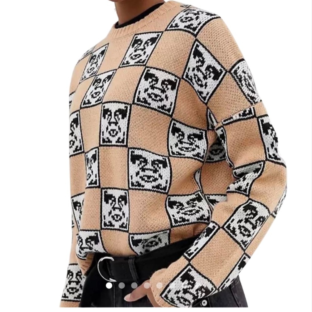 Obey x André the Giant Checkerboard Knit Sweater Tan Black Size S Oversized